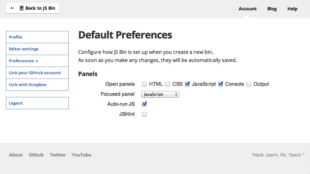 Preferences page